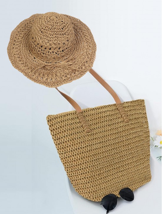 Fashion Weaved Straw Bag & Hat Matching Set (HAT1280-03KAK + BG159801KAK)